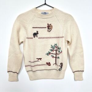 Vintage 1980s Susan Bristol Hand Embroidered Sweater Woodland Animals 100% Wool